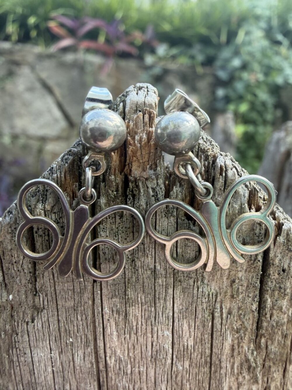 Silver Tone Openwork Butterfly Dangle Earrings Ball Stud Posts Wire Frame Drop